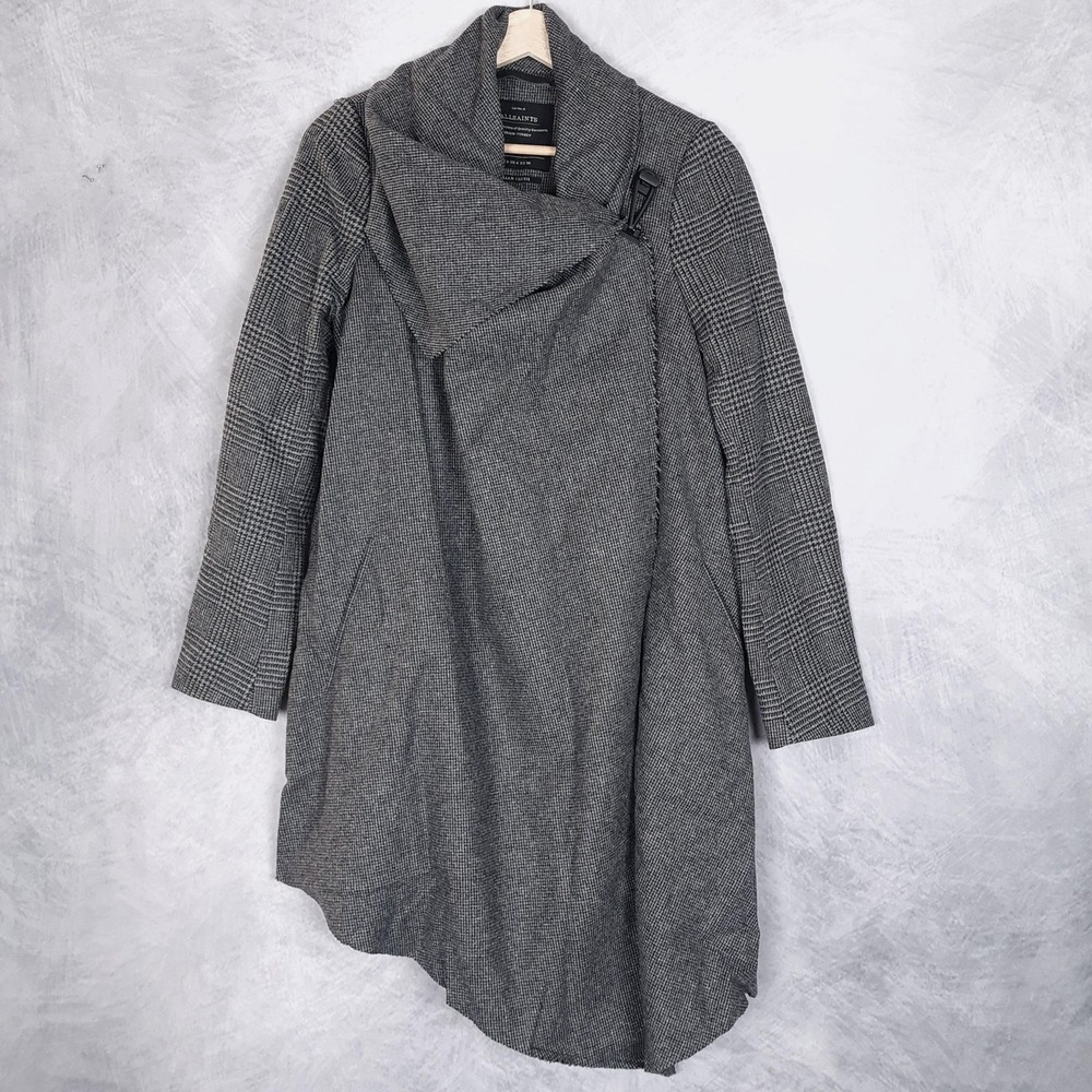 AllSaints Coat Womens 4 Gray Check Wool Long Asymmetrical Toggle Wrap